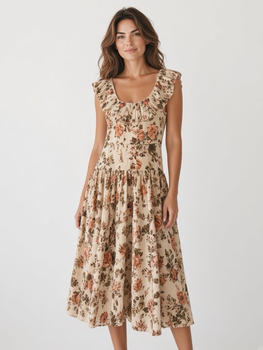 Ulla Johnson Beige Floral Ruffle Midi Dress with Rose Accents